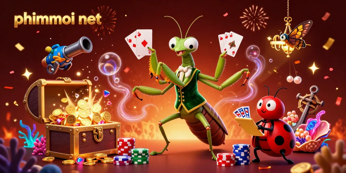 Enjoy thrilling gambling action with phimmoi net as a giant praying mantis and ladybug engage in a lively casino scene.