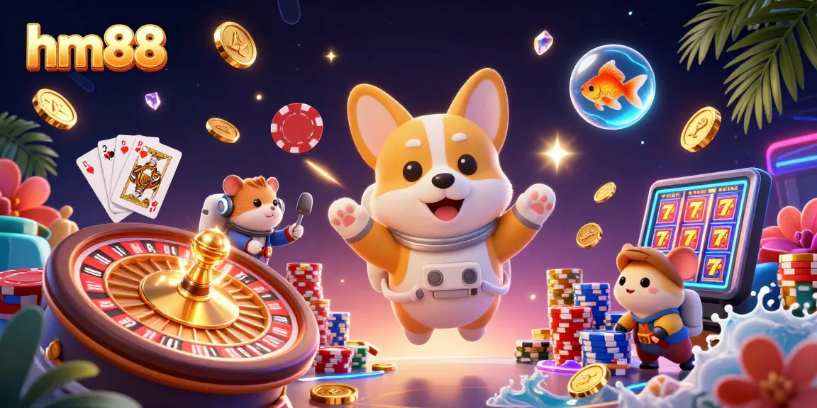 Play exciting casino games with hm88's immersive atmosphere featured in this dynamic illustration.