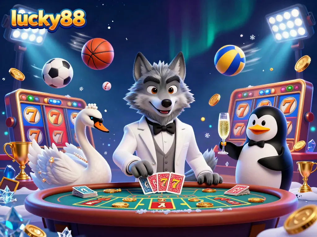 Experience excitement at lucky88 with a cartoon wolf, swan dealer, and penguin sommelier at a vibrant casino.