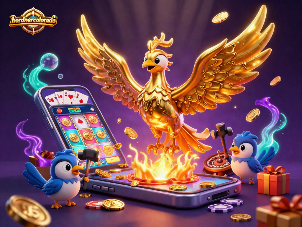 Embark on an adventure with bordnercolorado's golden phoenix soaring through a vibrant 3D casino world.
