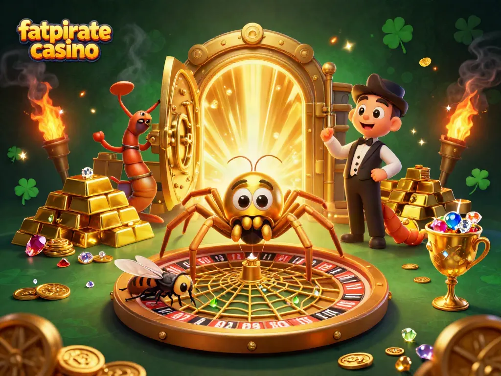 Experience excitement at fatpirate casino with a lively scene featuring a centipede croupier and a golden spider.