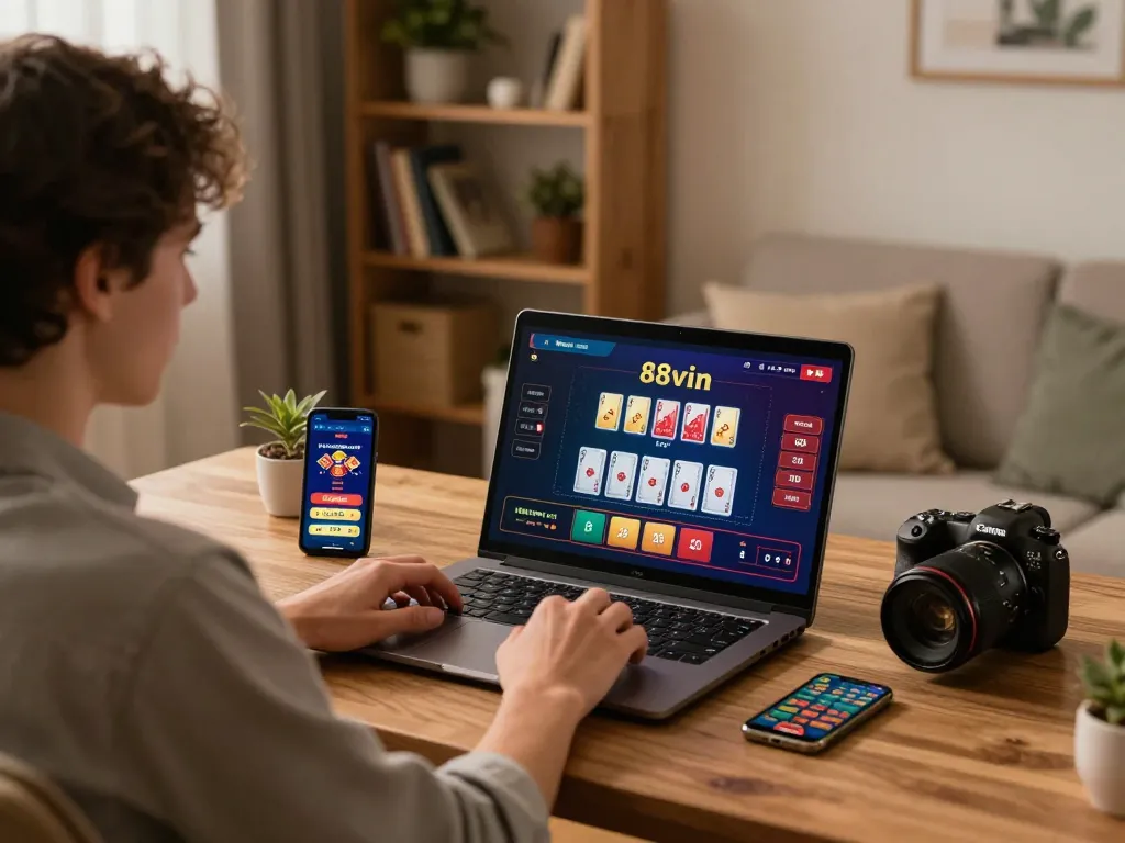 Engaging with 88vin online casino on a laptop for strategic gameplay.