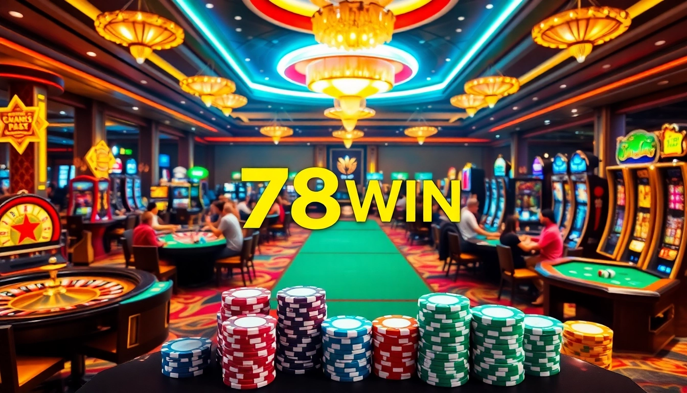 Exciting gaming scene at 78WIN casino with vibrant slot machines and players enjoying their bets.