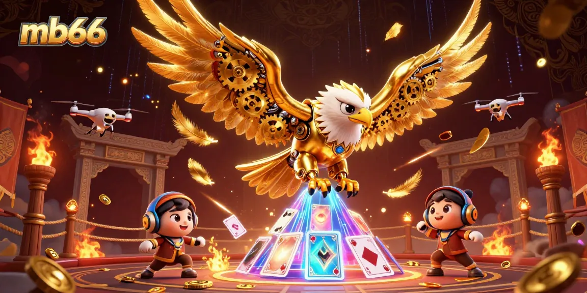 Play exciting games at mb66 with a dynamic 3D scene of a golden eagle and holographic playing cards.