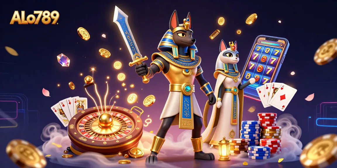 Engage with ALo789's vibrant casino scene showcasing Anubis and Bastet amidst dynamic gambling elements.