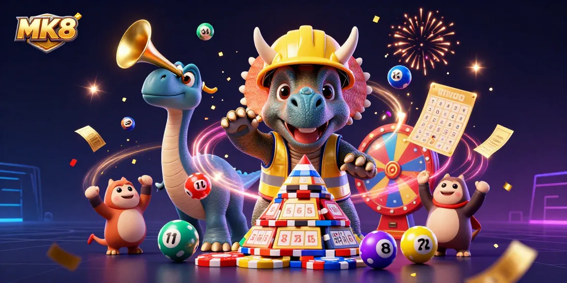 Celebrate with MK8 in a vibrant scene filled with casino games and colorful elements.