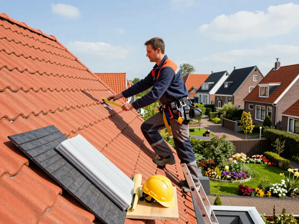 Expert dakdekker Utrecht inspecteert schuin dak, toont dakmaterialen en gereedschappen in een suburbane omgeving.
