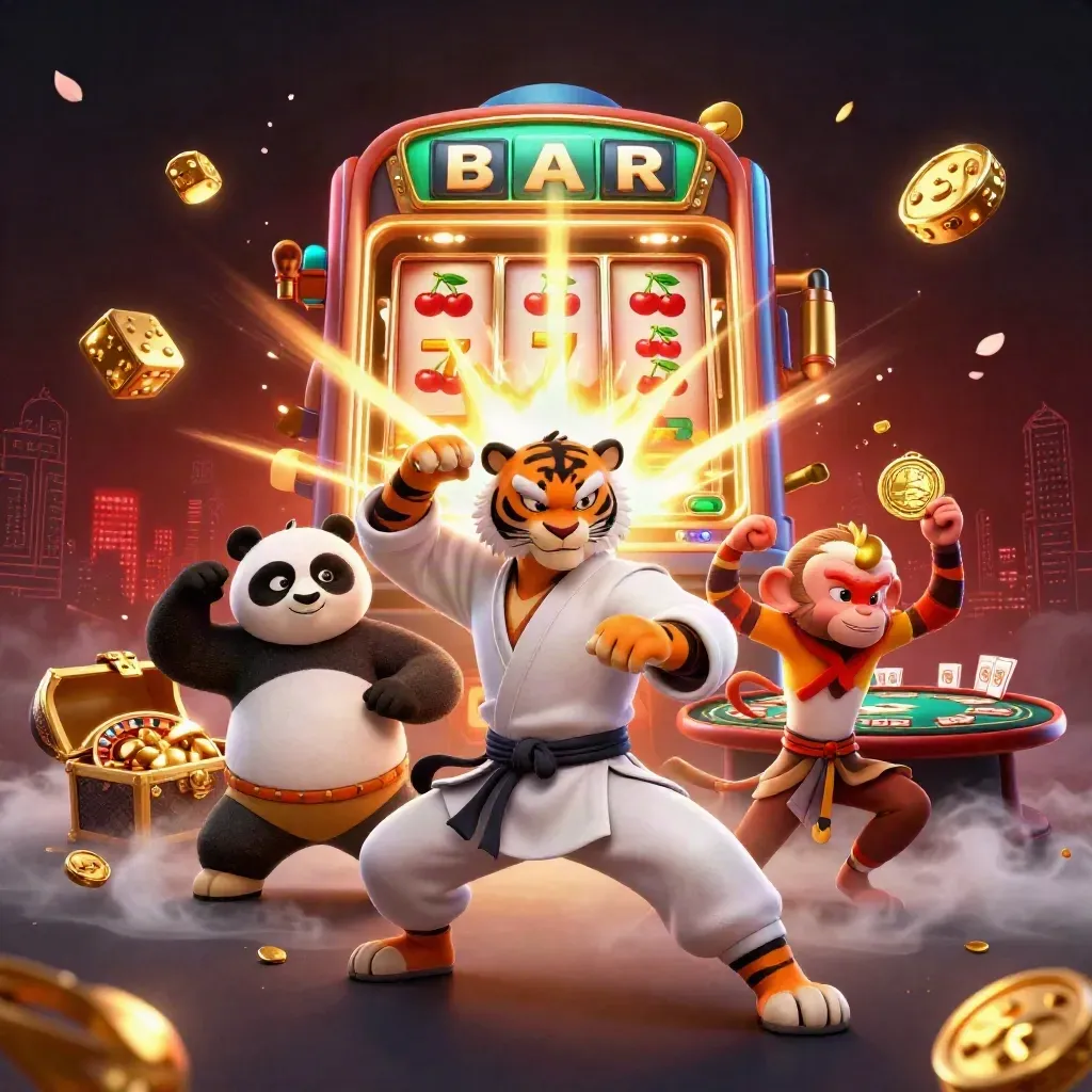 Kung-fu tijger, panda en aap tussen een open slotmachine, goud en neon in donkere casinostijl.