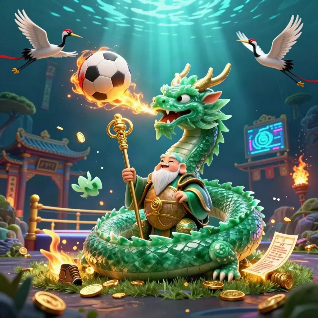 Draak, schildpad en kraanvogels rond een gouden voetbal en casinogloed