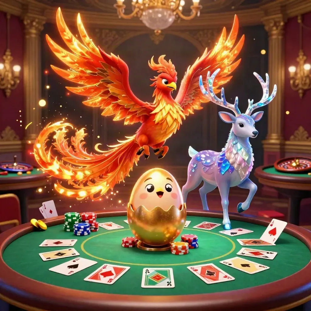 Drie magische casinofiguren met poker- en roulette-details in luxe goudgroene sfeer.