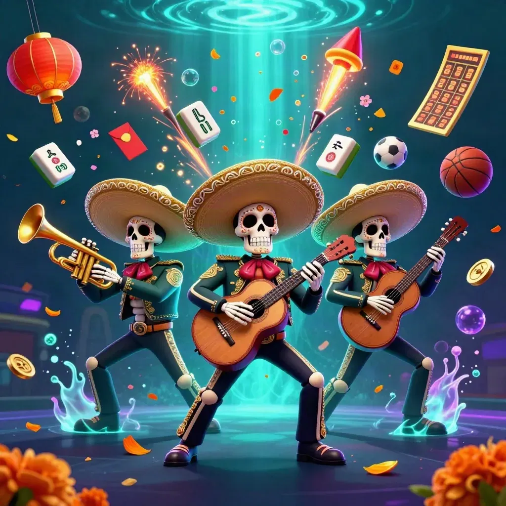 Skelettenmariachi’s in een onderwater casino-scène met zwevende ballen, fiches en lichtstralen.