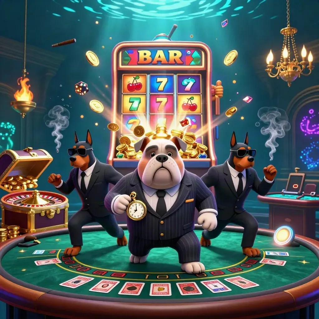Maffiabuldog en twee Dobermans in luxe onderwater-casino met slotmachine, goud en neonlicht.