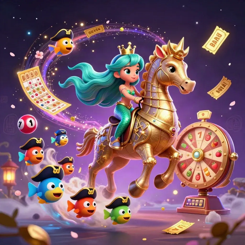 Zeemeerminprinses op zeepaard tussen casino-ballen, magische runen en groen-gouden neon.