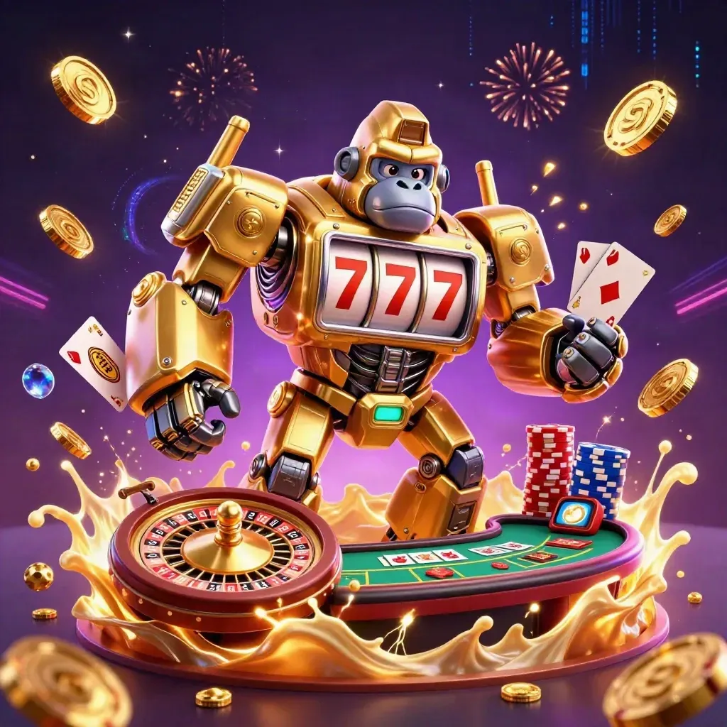 Gouden gorilla-mech met aap-piloot, munten, kaarten en een draaiend roulettewiel.