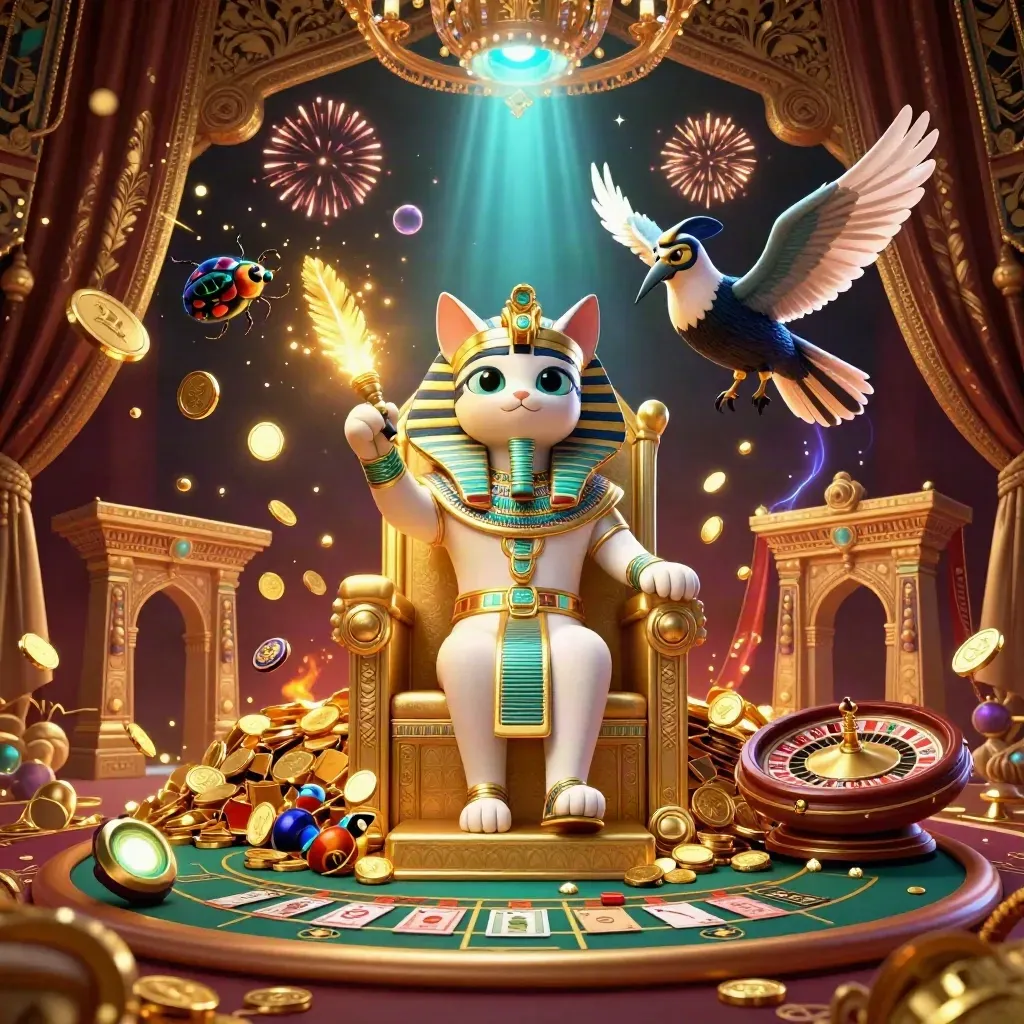 Feestelijke casinokaart met faraokat, ibis-schrijver, scarabeeën en goudregen.