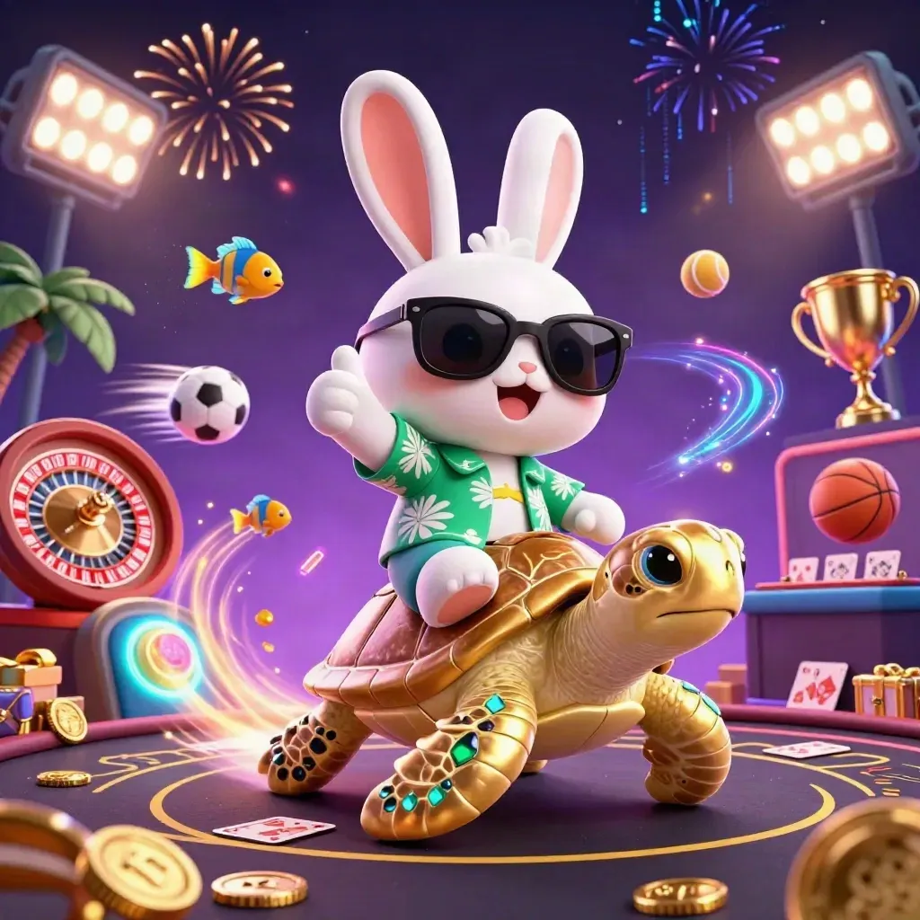 Gelukkige cartoonkonijn op gouden zeeschildpad met munten, kaarten en neon in casinostijl
