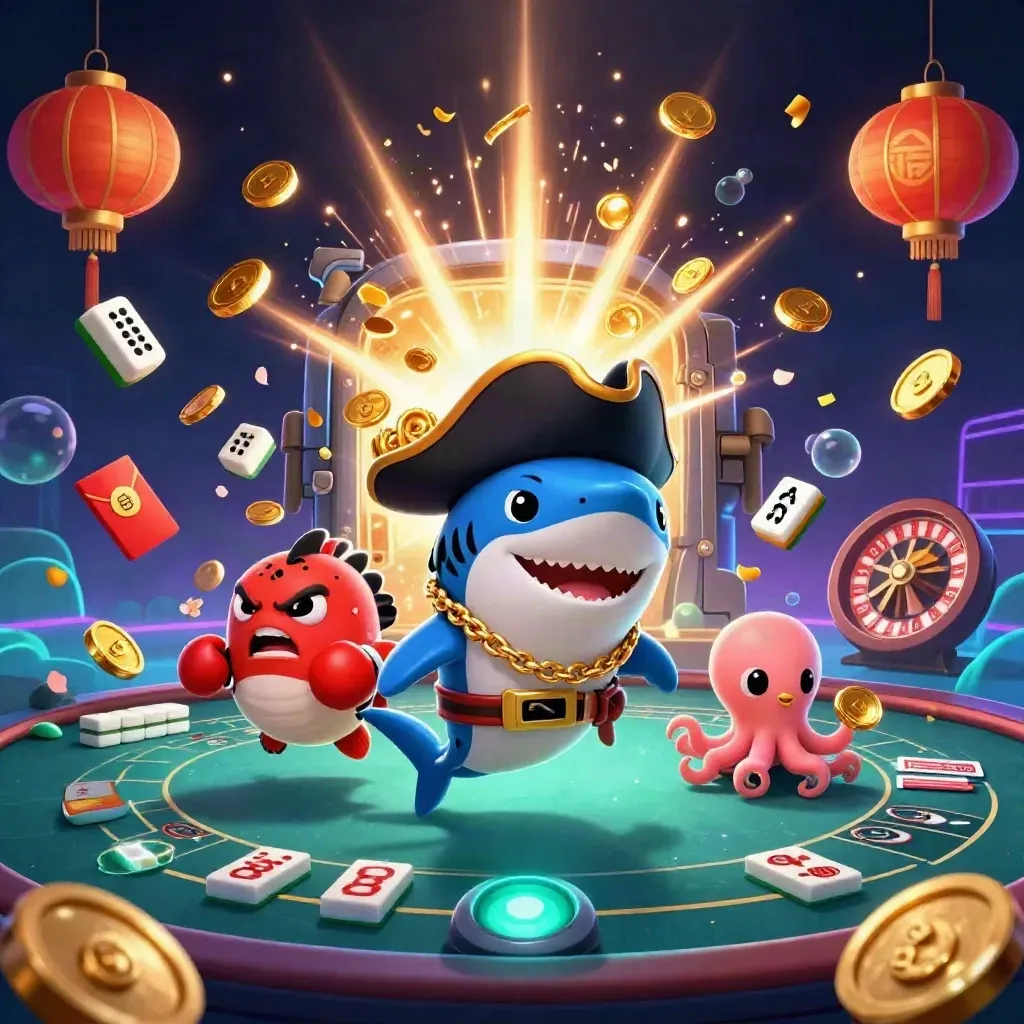 Drie cartoonzeedieren vieren met goud, vuurwerk en casinodetails in neonlicht.