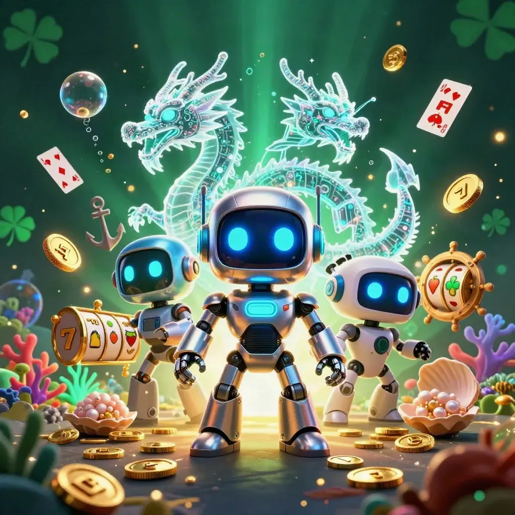 Robot, holografische draak en muntdrone in een goudgroene casinoscène met schat, kaarten en slot-symbolen