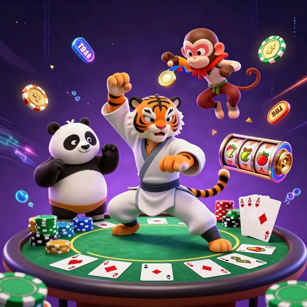 Kungfu-tijger, panda en aap rond pokerchips, kaarten en neon op paarse casino-achtergrond