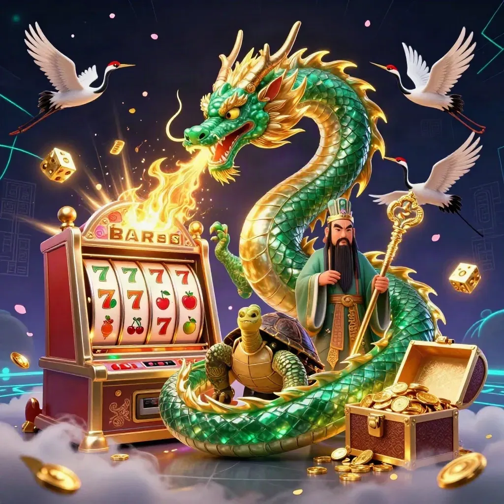 Drie mythische casinofiguren met vuur, goud, dobbelstenen en neon in een donkere fantasiewereld.