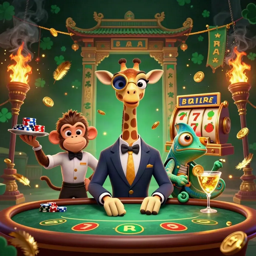 Giraffe, aap en kameleon aan een pokertafel met fruitslots, goud en luxe neon.