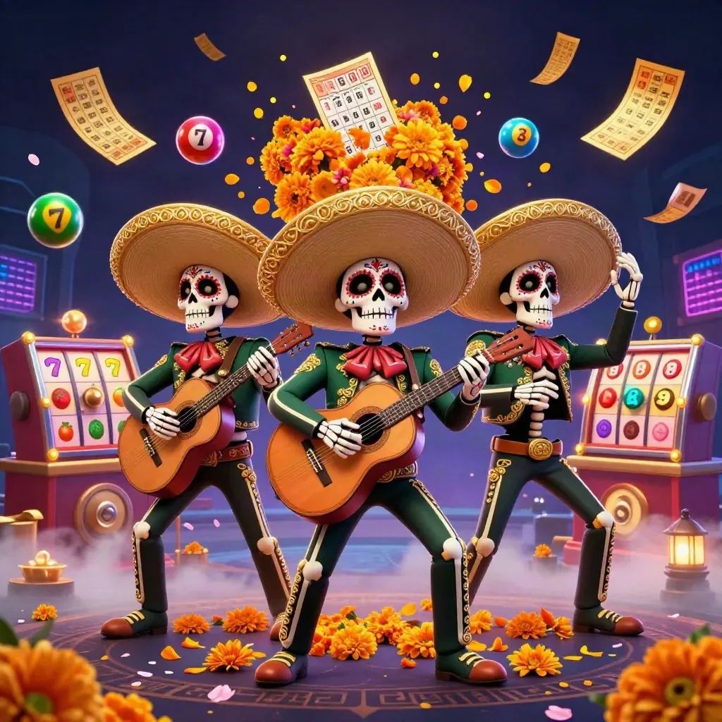 Drie skelet-mariachi’s met goud, neon en spelitems in een luxe casino-splash