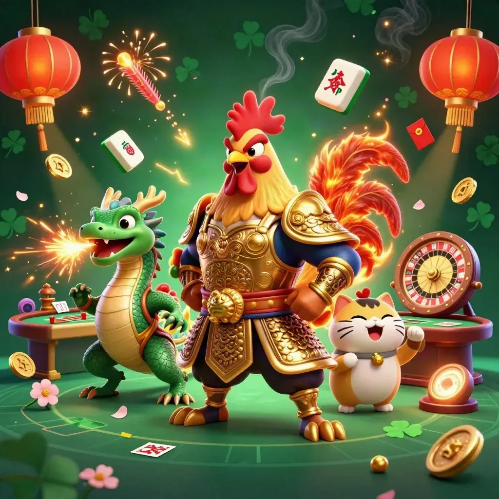 3D-casinoscène met strijderhaan, draakje en gelukskat tussen speelse goksymbolen.