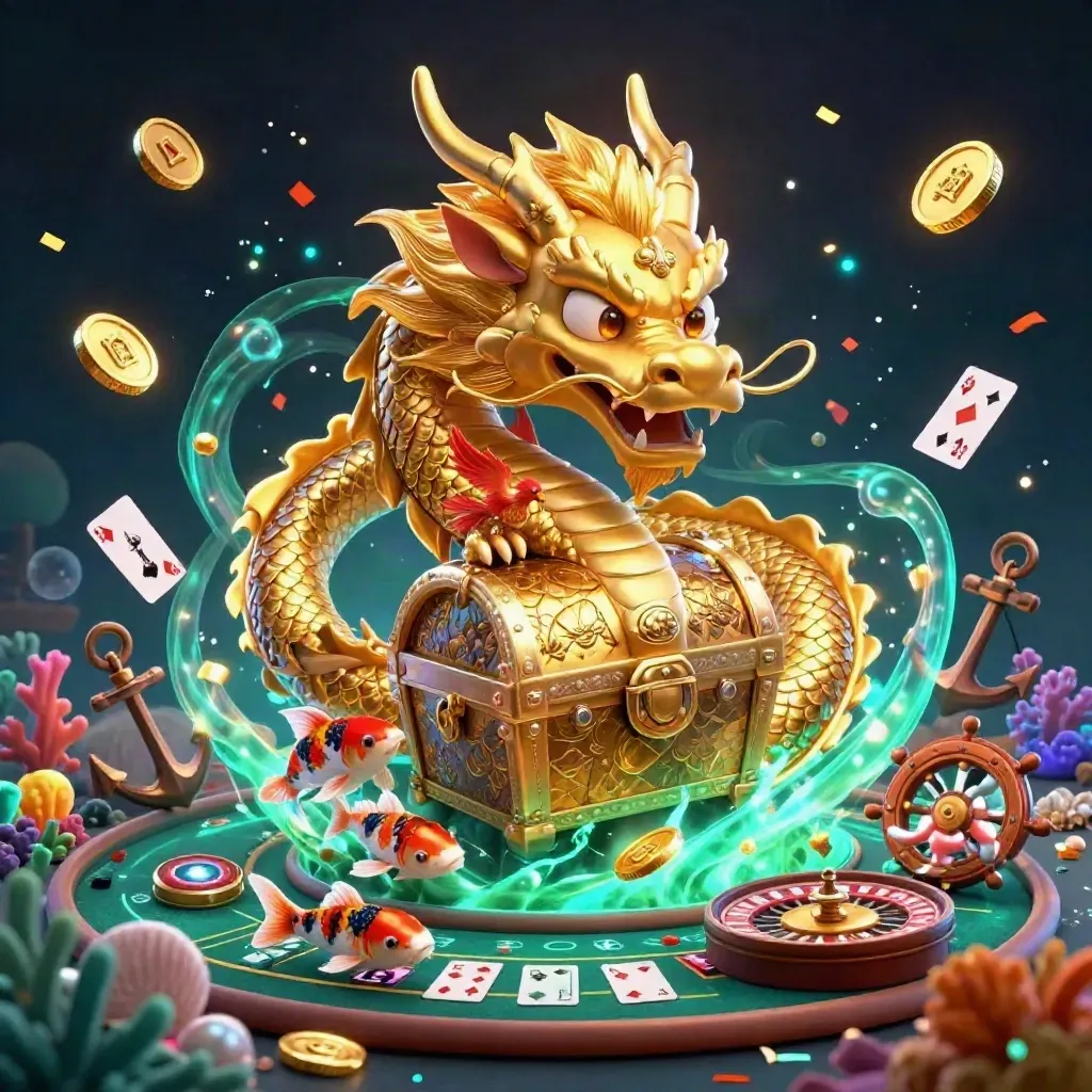 Gouden draak met phoenix en koi rond schatkist, met munten, kaarten en casinodetails