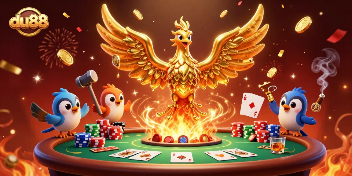 Engage with du88's impressive casino scene featuring a molten phoenix and dynamic poker elements.