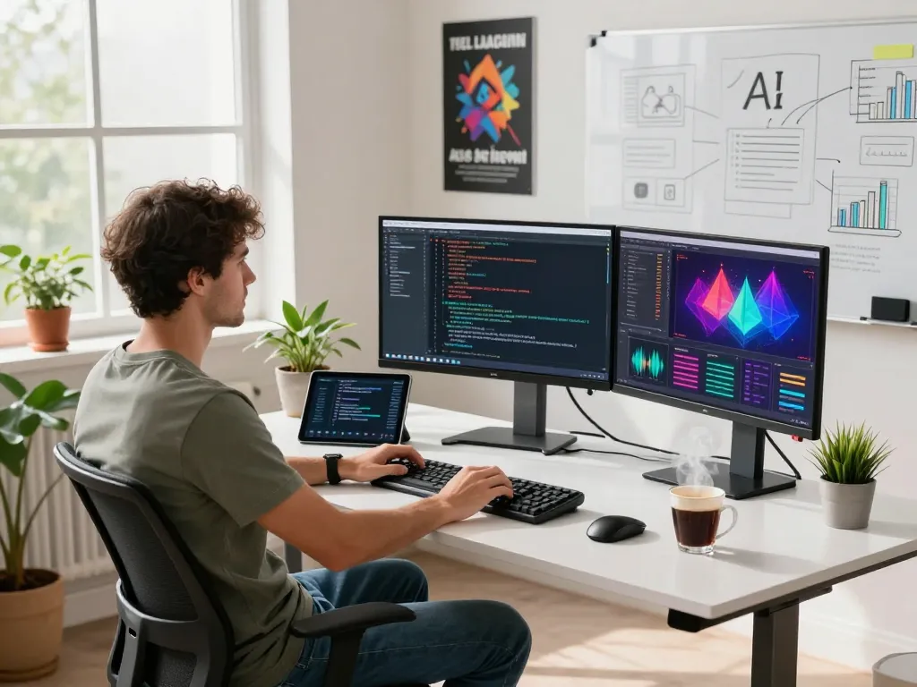 Developer showcasing juicy AI code on multiple monitors in a modern office environment.