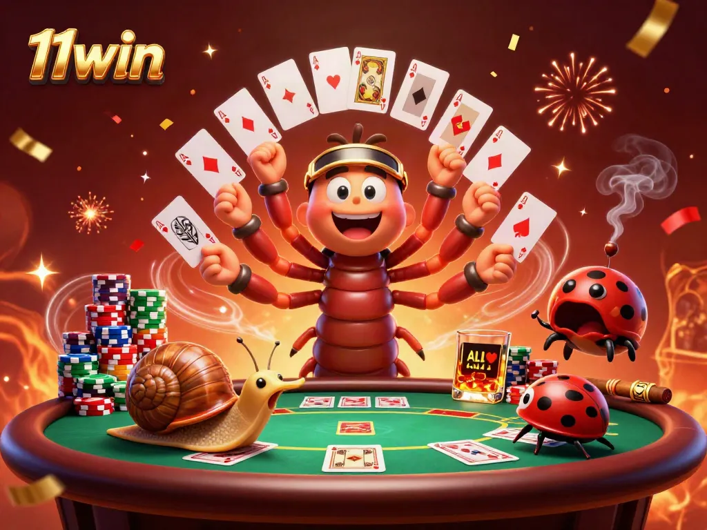 11win dynamic 3D casino scene with a millipede dealer, snail high-roller, and pill bug in action