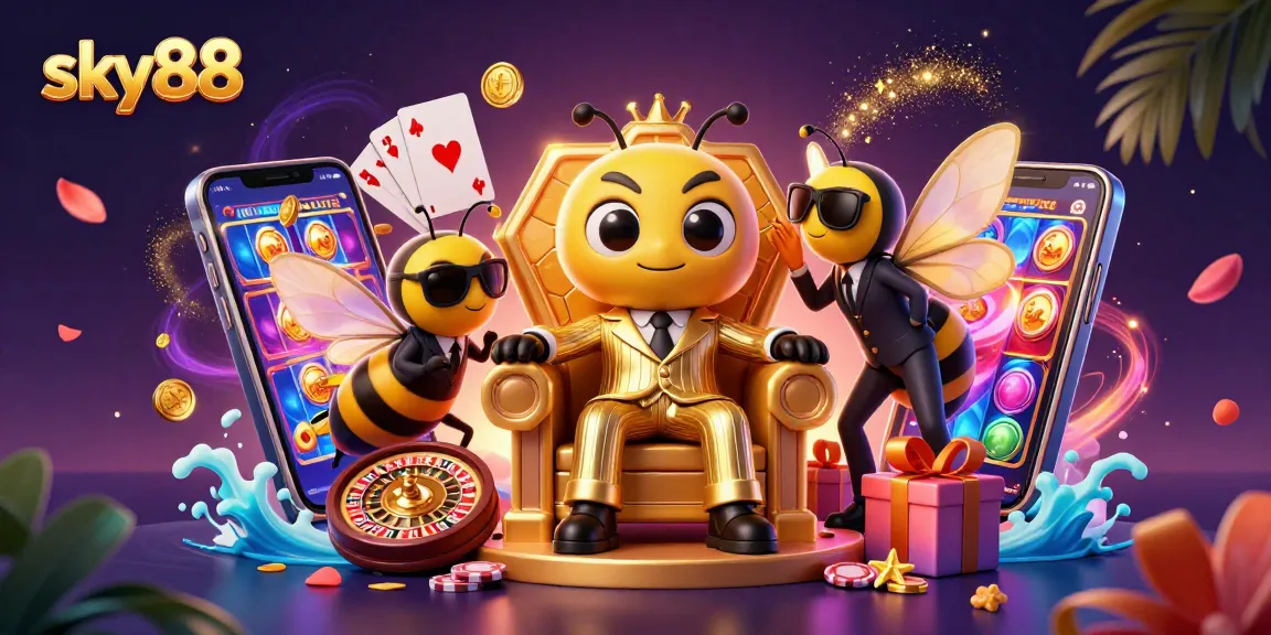 Engage with sky88's dynamic 3D casino scene featuring a whimsical mob boss and vibrant games.