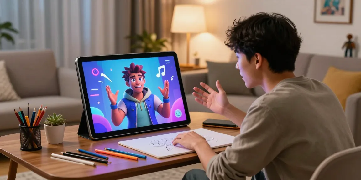 Engaging user interacting with nsfw character AI on tablet, cozy home atmosphere with personalized decor.