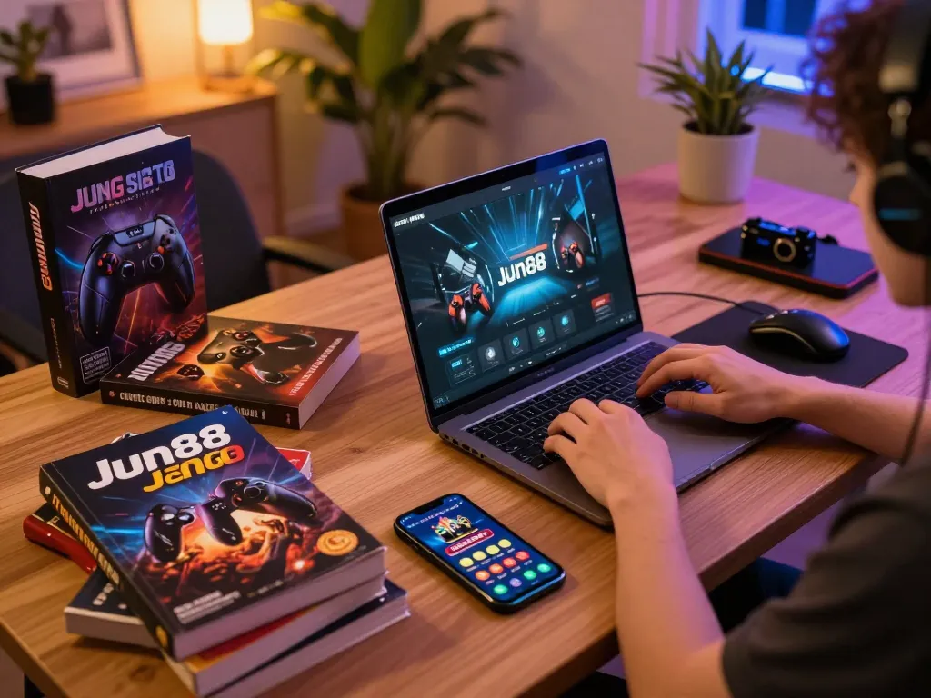 Engaging in online gambling with Jun88 đăng nhập on a laptop in a stylish home workspace.