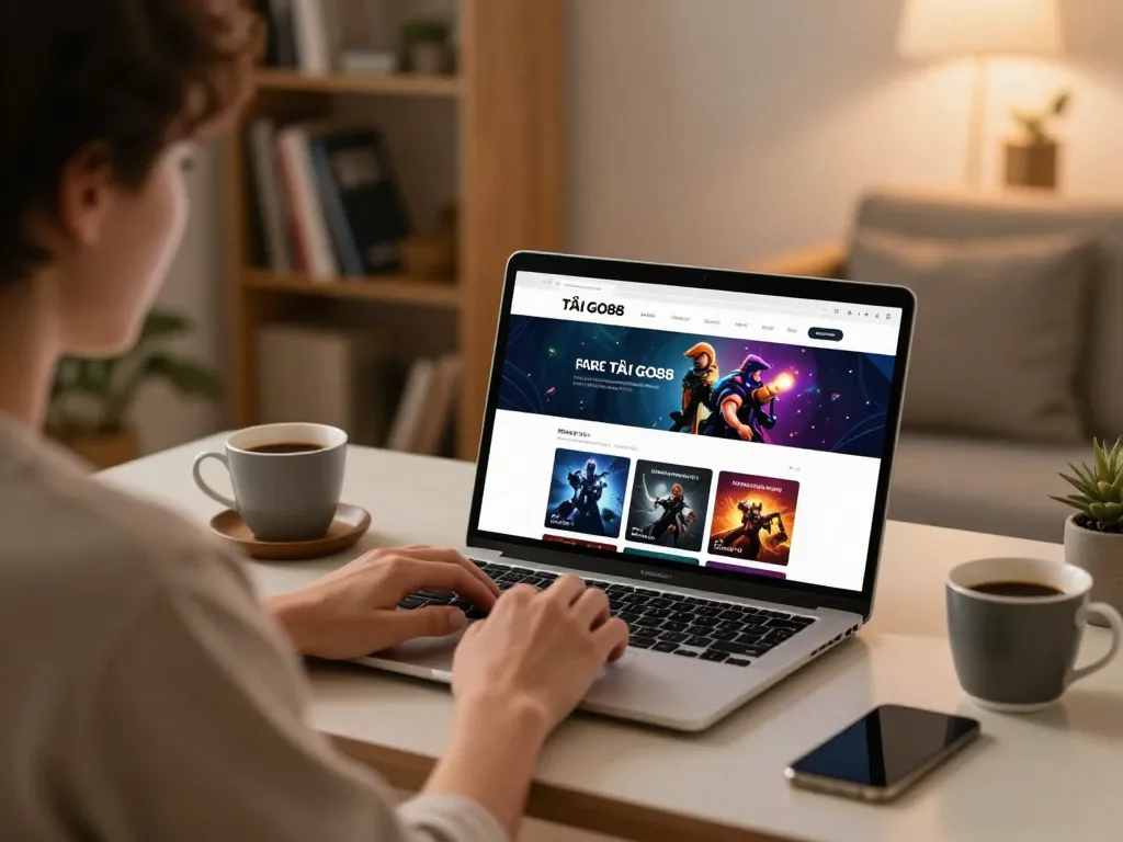 TẢI GO88 app interface displayed on a laptop in a cozy home environment, promoting responsible online gambling.