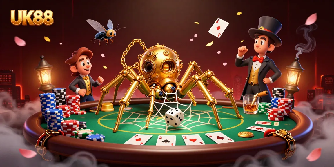 Catch captivating moments at UK88 with a golden spider web and poker action in an immersive scene.