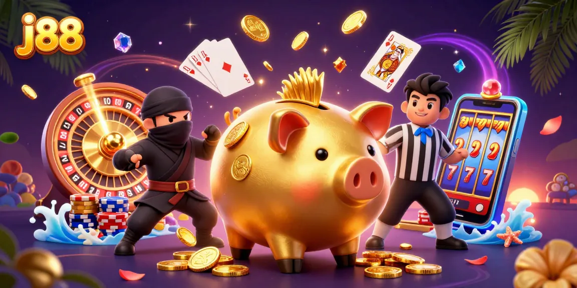 Experience j88's thrilling gaming with a golden piggy bank sumo wrestler, coins, and vibrant casino elements.