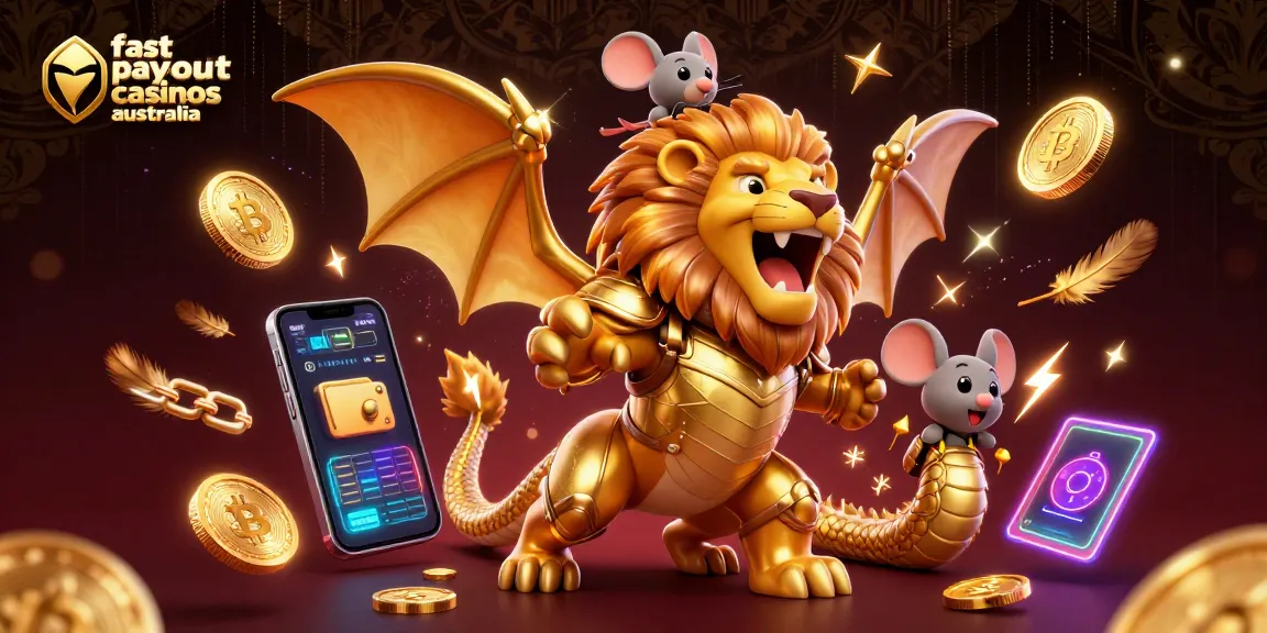 Experience the magic of fast payout casinos Australia with stunning 3D illustration of a chimera and crypto elements.