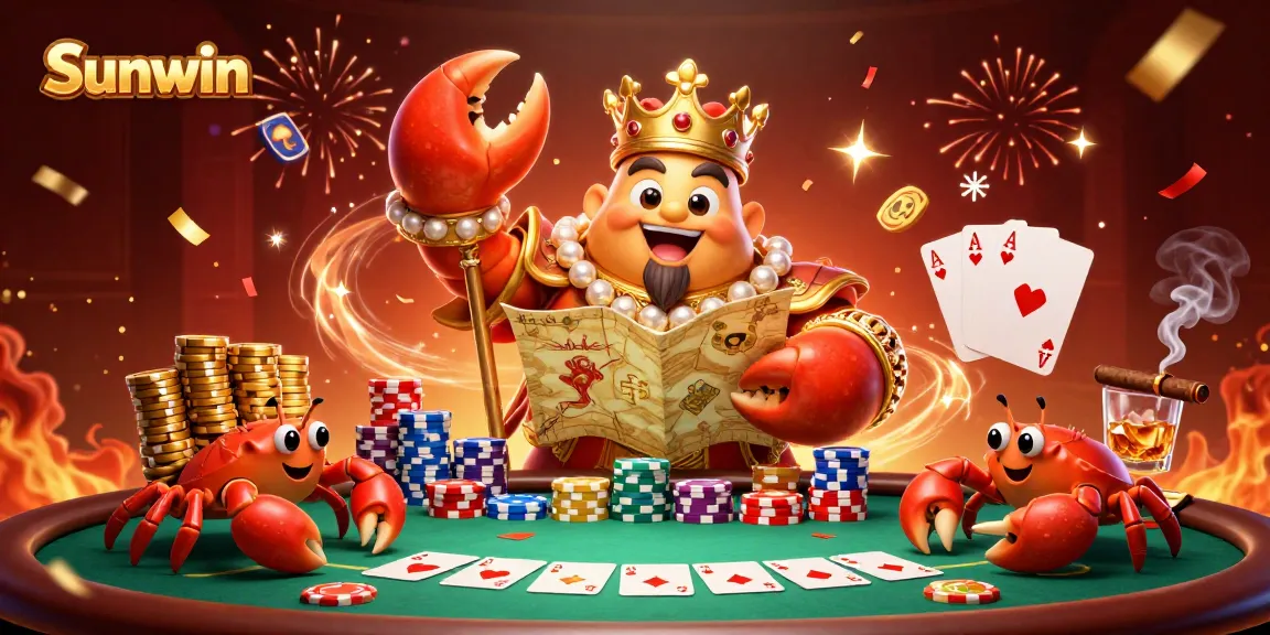 Experience excitement with Sunwin's golden crab emperor and rich poker elements in a vibrant casino setting.