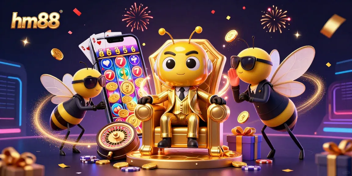 Spin the reels with hm88 in this vibrant 3D casino scene featuring game elements and characters.