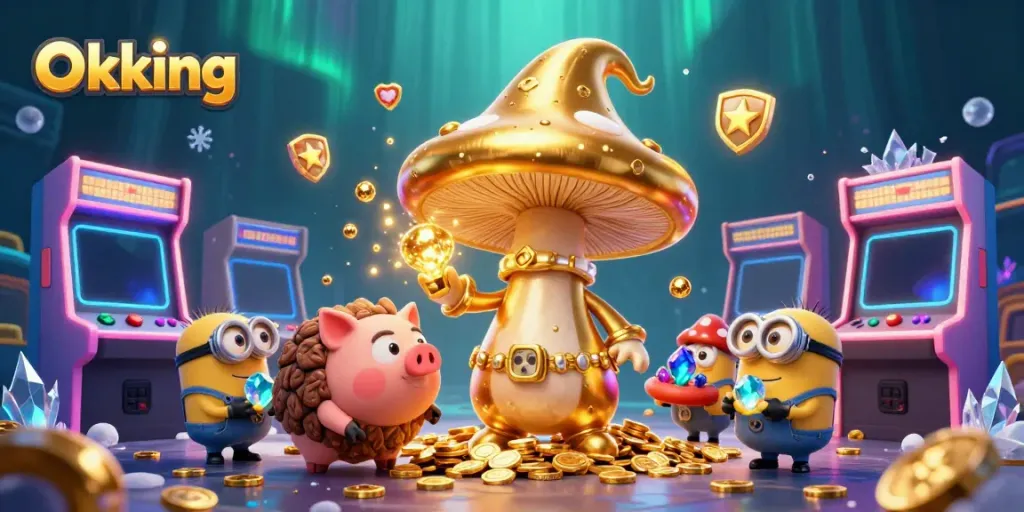 Experience thrilling adventures with Okking, featuring magical treasure-hunting characters in a vibrant casino setting.