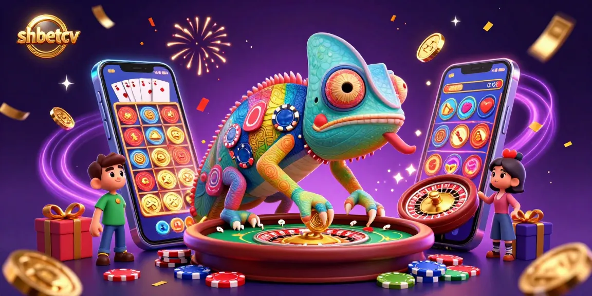Experience exhilarating action at shbetcv with a lively chameleon casino owner amidst casino elements.