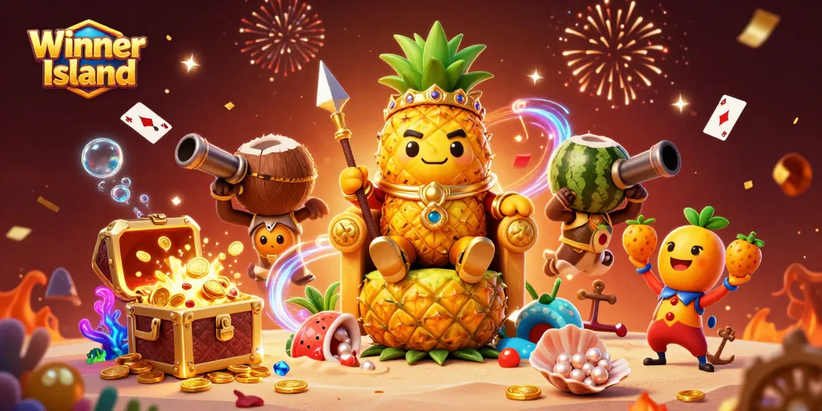 Experience the excitement of Winner Island with a colorful casino scene showcasing a golden pineapple king and vibrant game elements.