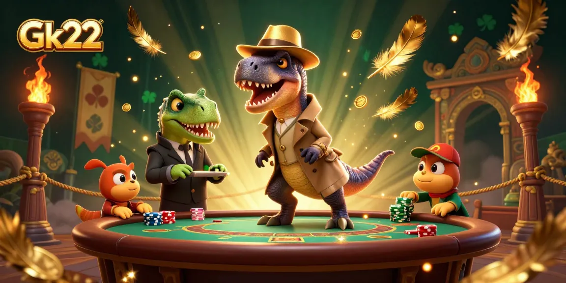 Bet at GK222 with a cartoon velociraptor slyly counting cards at a blackjack table while a stegosaurus pit boss watches closely.