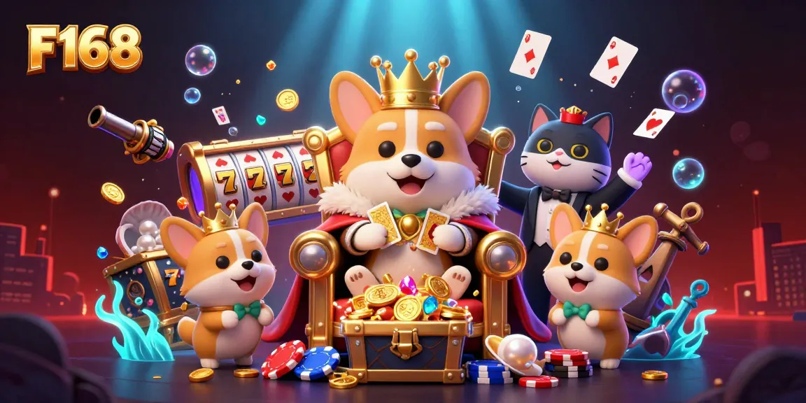 Win big at F168 with colorful slots, poker chips, and playful corgis in an engaging casino scene.