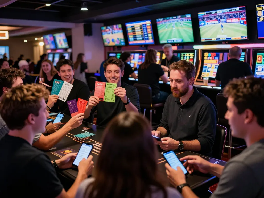 Engaging sports fans displaying tỷ lệ kèo nhà cái 5 at a lively casino betting area.