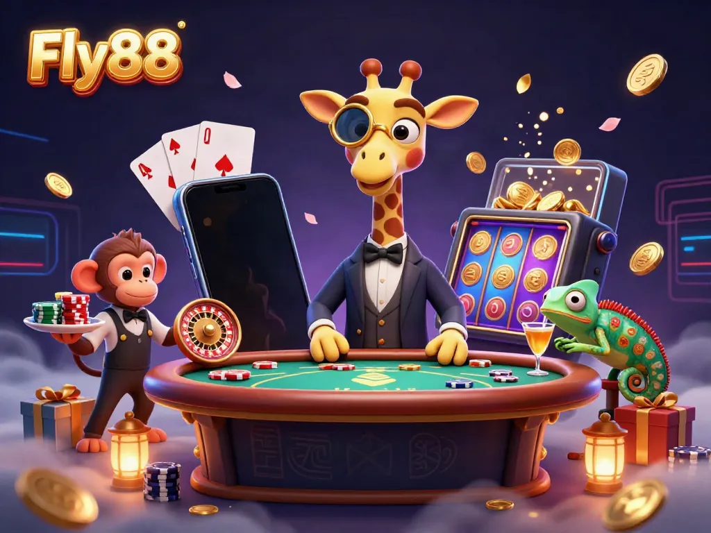 Fly88 showcases a high-roller giraffe enjoying a vibrant casino scene with dynamic gaming elements.