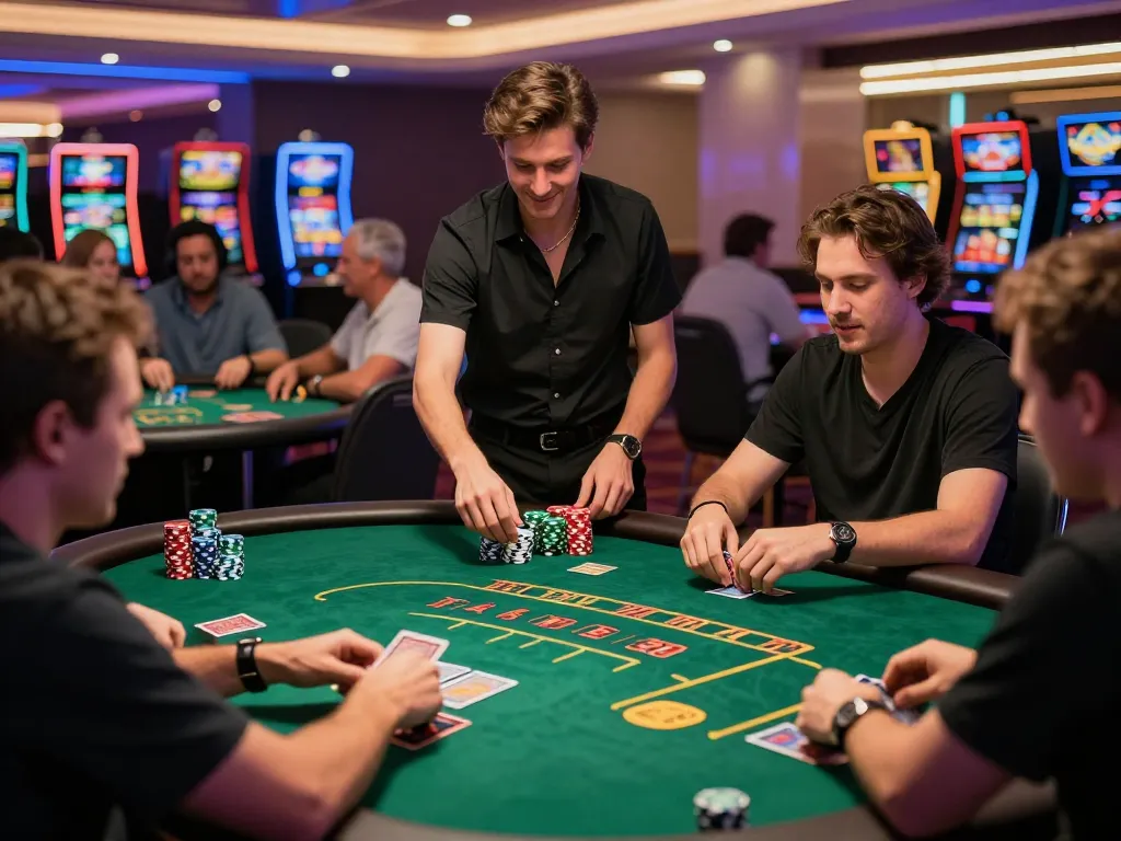 Players at poker tables in a lively casino scene focused on strategy and excitement, showcasing TX88 gaming atmosphere.