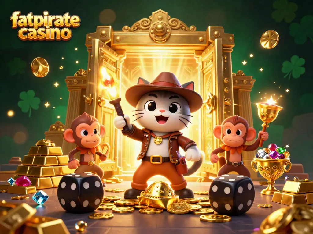 Experience the thrill of fatpirate casino with an adventurous cat and monkey in a dazzling treasure scene