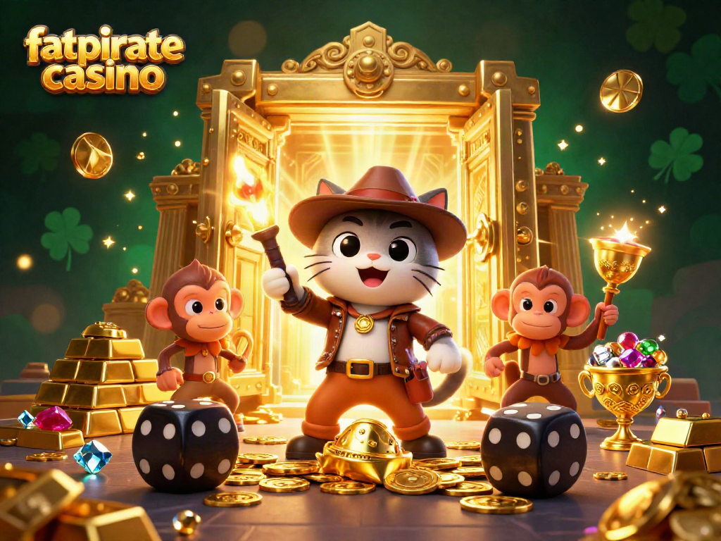 Experience the thrill of fatpirate casino with an adventurous cat and monkey in a dazzling treasure scene